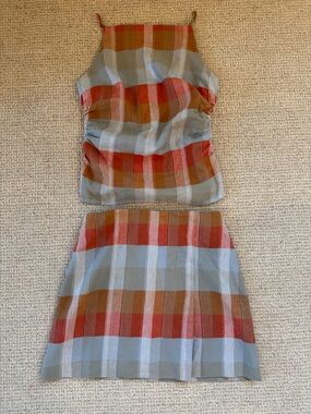 Madewell 2 Piece Matching Set Light Blue & Rust Plaid Top and Skirt - NWT Size 6